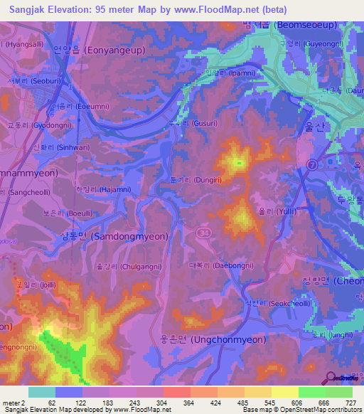 Sangjak,South Korea Elevation Map