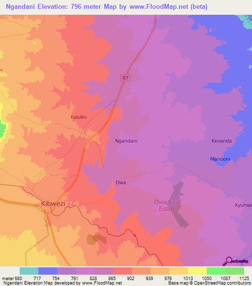 Ngandani,Kenya Elevation Map