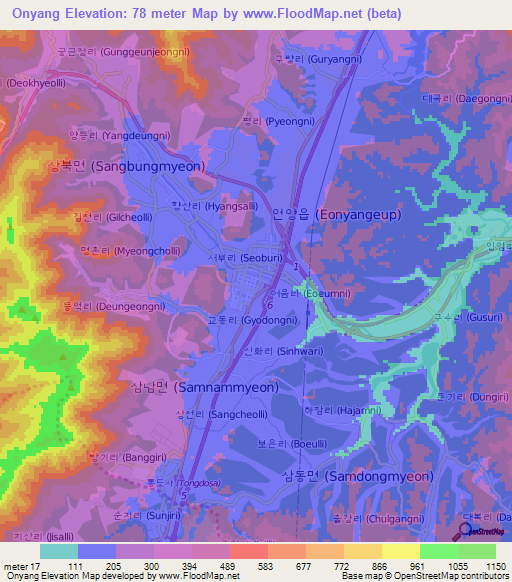 Onyang,South Korea Elevation Map