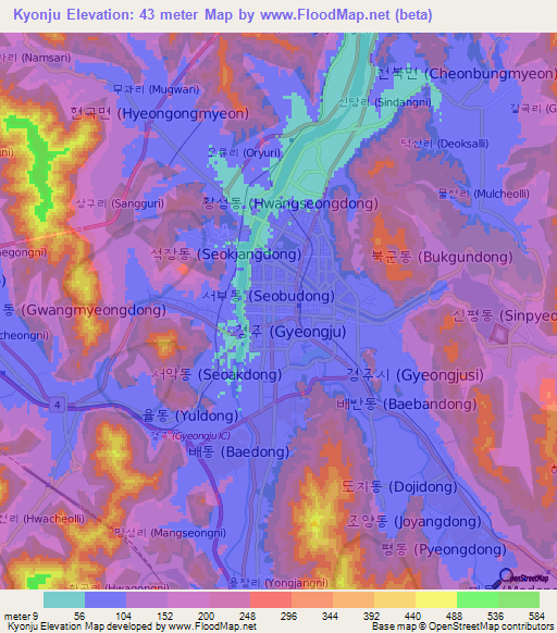 Kyonju,South Korea Elevation Map