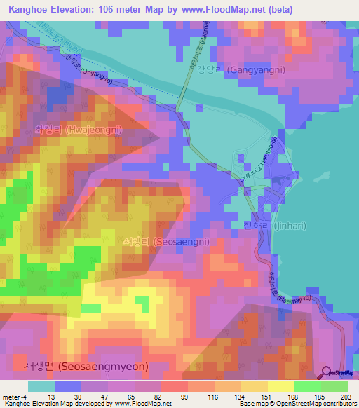 Kanghoe,South Korea Elevation Map