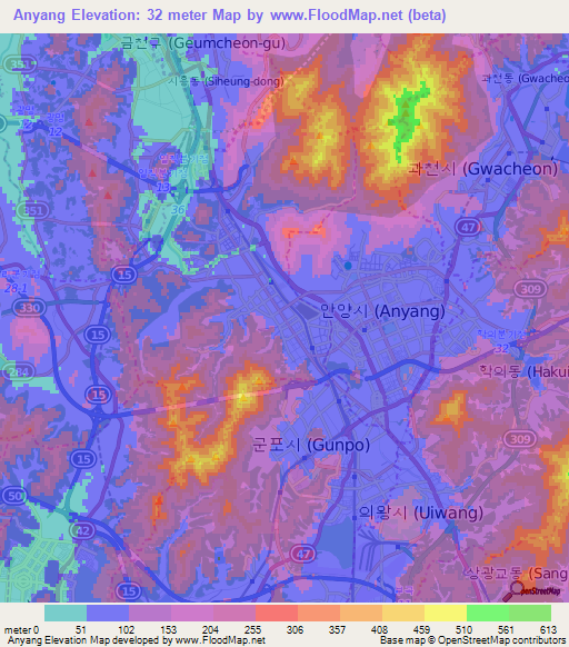 Anyang,South Korea Elevation Map