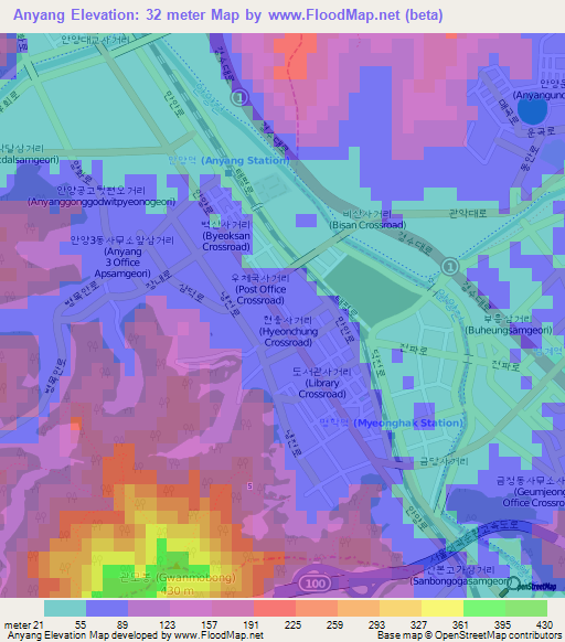 Anyang,South Korea Elevation Map