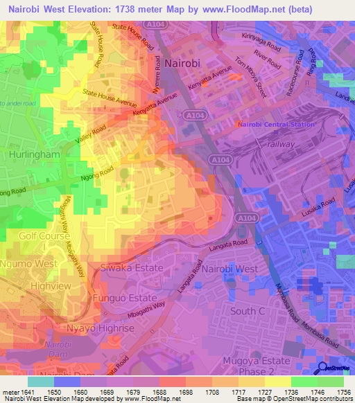 Nairobi West,Kenya Elevation Map