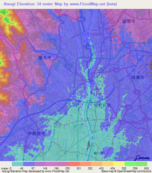 Atsugi,Japan Elevation Map