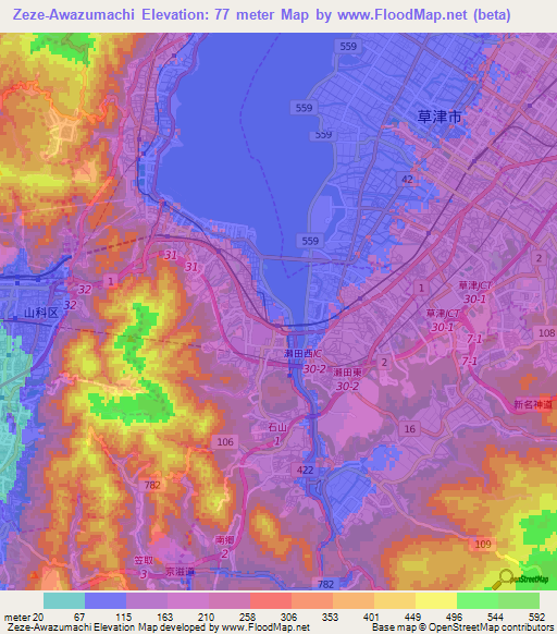 Zeze-Awazumachi,Japan Elevation Map