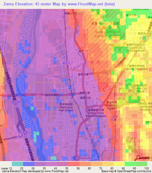 Zama,Japan Elevation Map