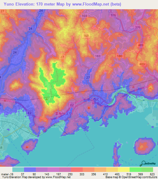 Yuno,Japan Elevation Map