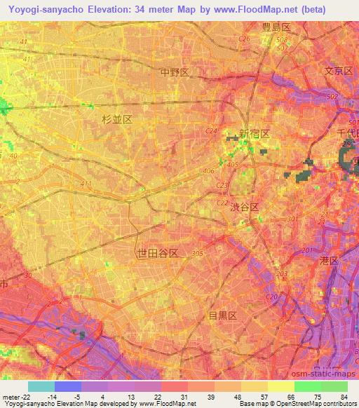 Yoyogi-sanyacho,Japan Elevation Map