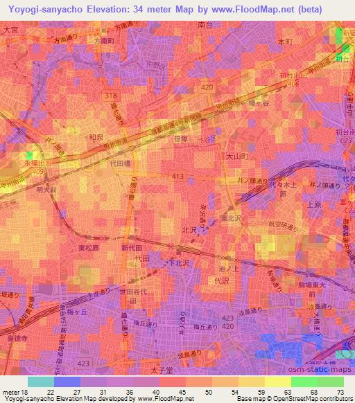 Yoyogi-sanyacho,Japan Elevation Map