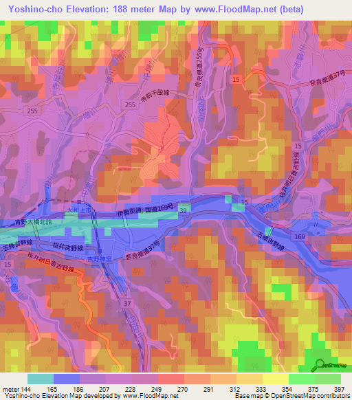 Yoshino-cho,Japan Elevation Map