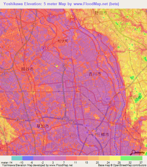 Yoshikawa,Japan Elevation Map