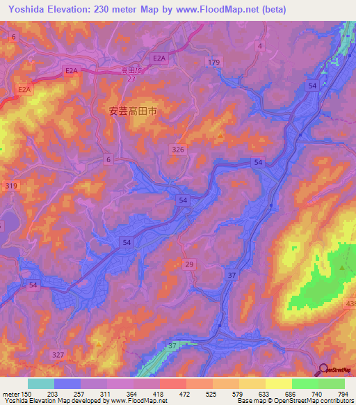 Yoshida,Japan Elevation Map