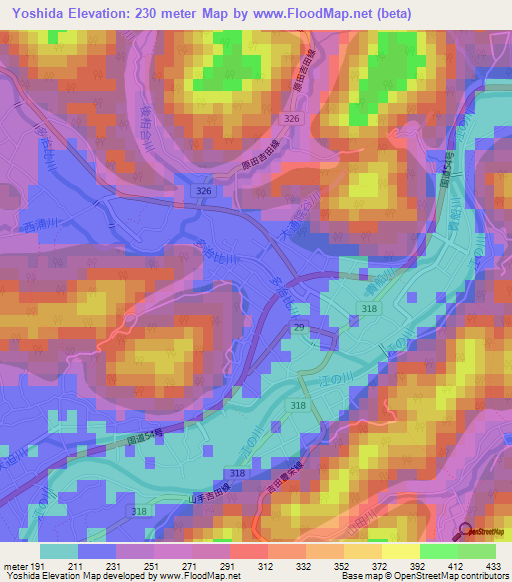 Yoshida,Japan Elevation Map