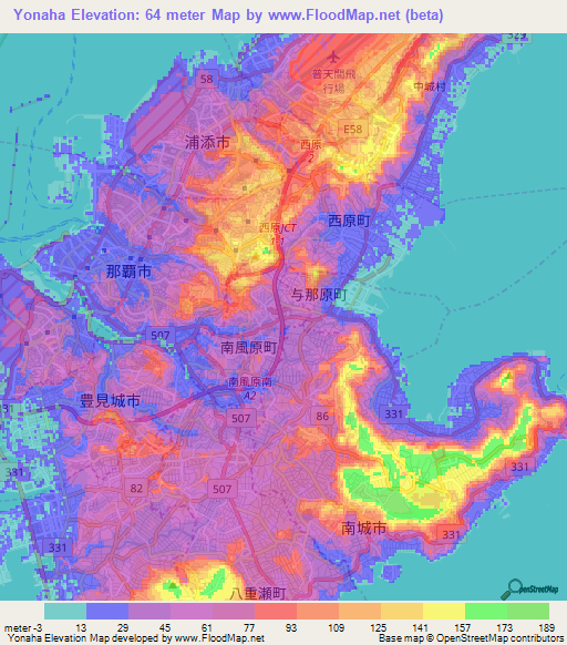 Yonaha,Japan Elevation Map