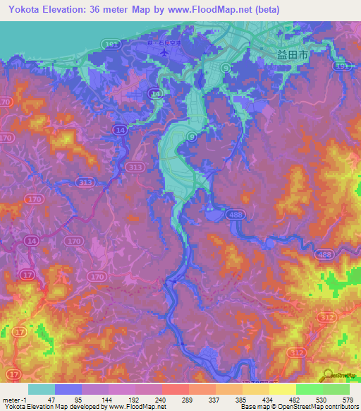 Yokota,Japan Elevation Map