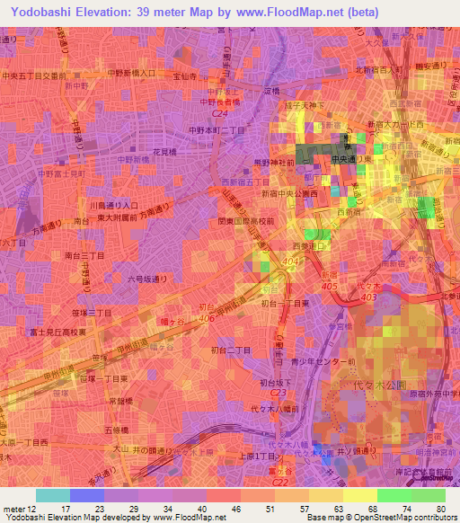 Yodobashi,Japan Elevation Map
