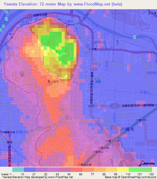 Yawata,Japan Elevation Map