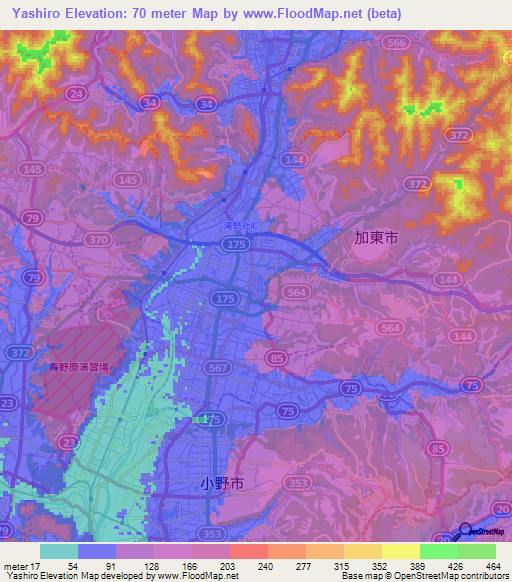 Yashiro,Japan Elevation Map