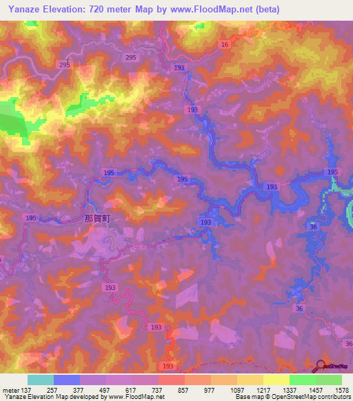 Yanaze,Japan Elevation Map