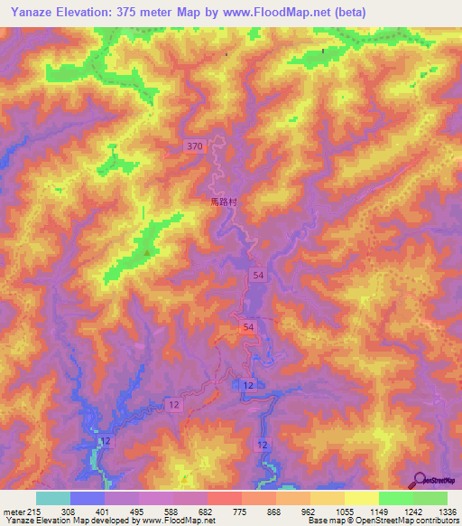 Yanaze,Japan Elevation Map