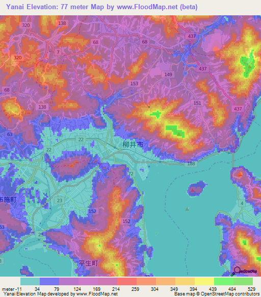 Yanai,Japan Elevation Map