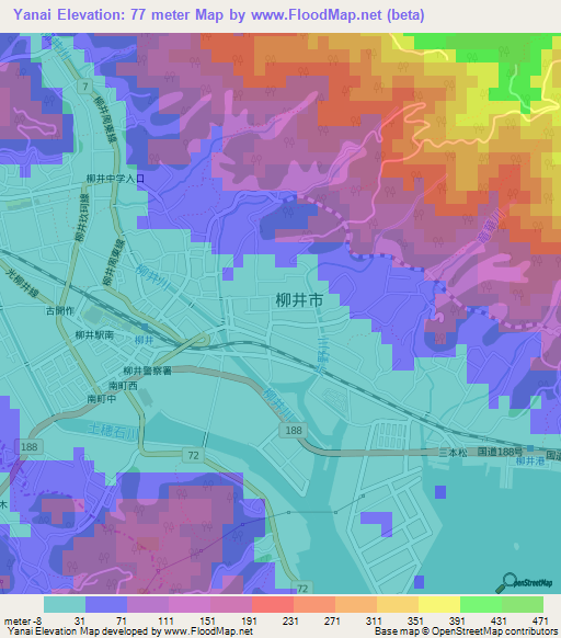 Yanai,Japan Elevation Map