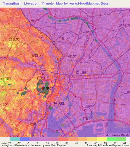 Yanagibashi,Japan Elevation Map
