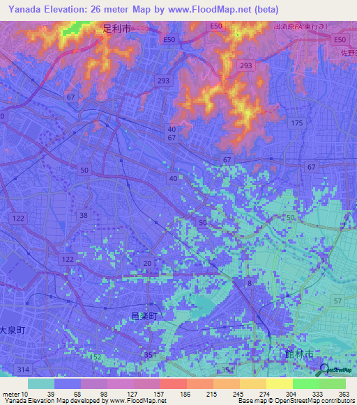 Yanada,Japan Elevation Map