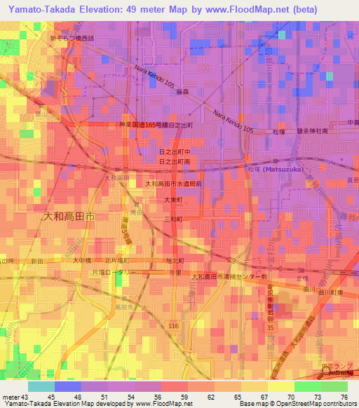 Yamato-Takada,Japan Elevation Map