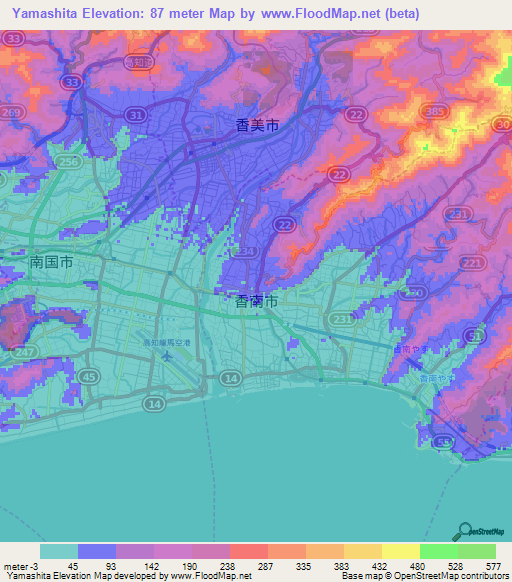 Yamashita,Japan Elevation Map