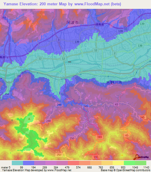 Yamase,Japan Elevation Map