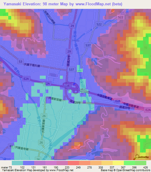 Yamasaki,Japan Elevation Map