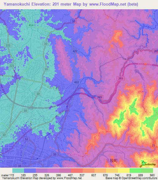Yamanokuchi,Japan Elevation Map