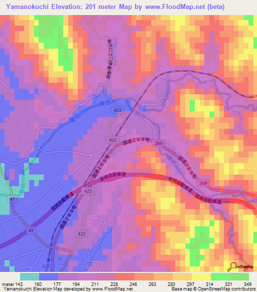 Yamanokuchi,Japan Elevation Map