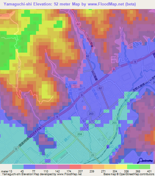 Yamaguchi-shi,Japan Elevation Map