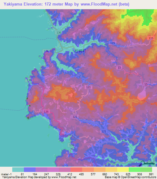 Yakiyama,Japan Elevation Map