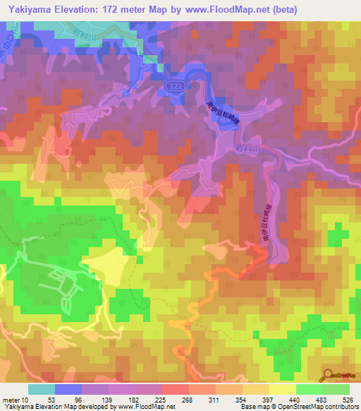 Yakiyama,Japan Elevation Map