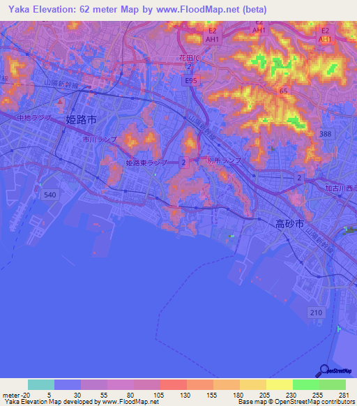 Yaka,Japan Elevation Map