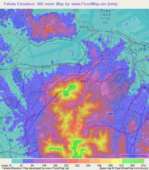 Yahata,Japan Elevation Map