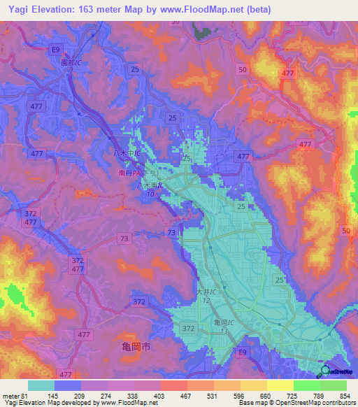 Yagi,Japan Elevation Map
