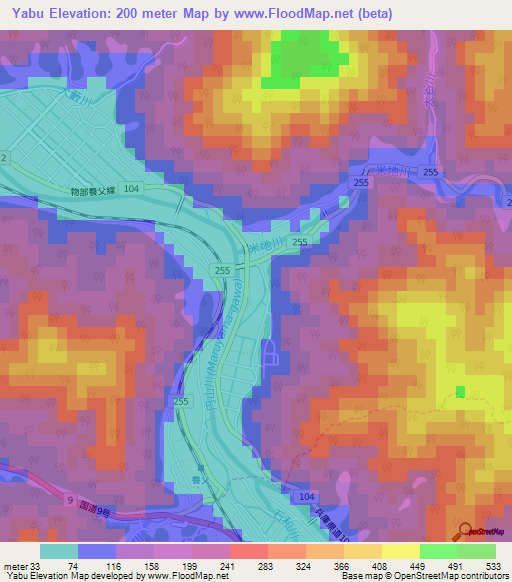 Yabu,Japan Elevation Map