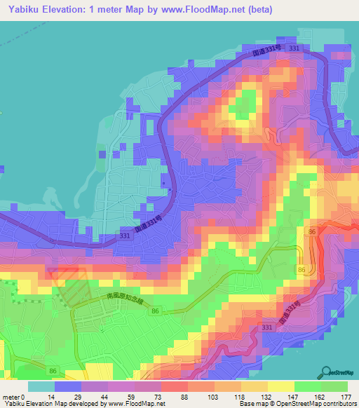 Yabiku,Japan Elevation Map