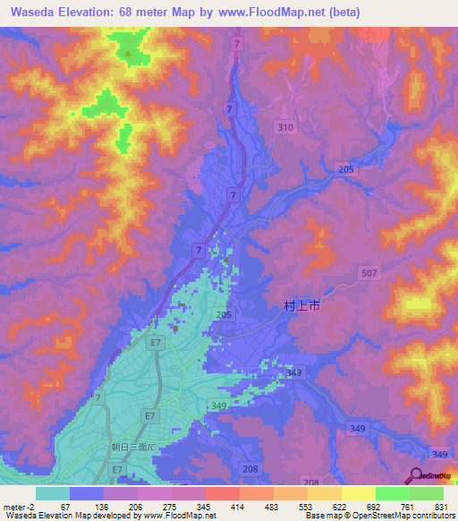 Waseda,Japan Elevation Map