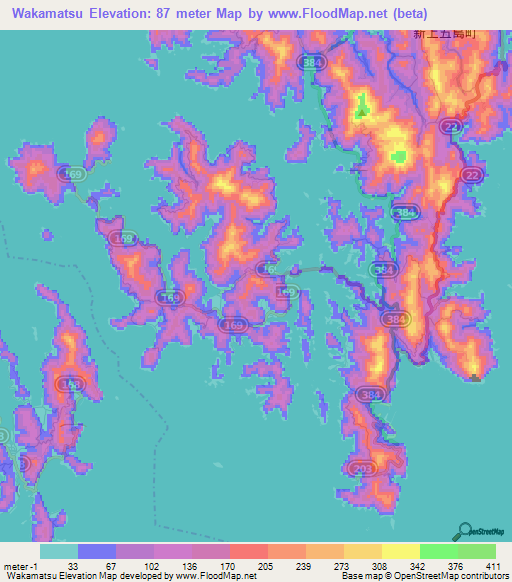 Wakamatsu,Japan Elevation Map