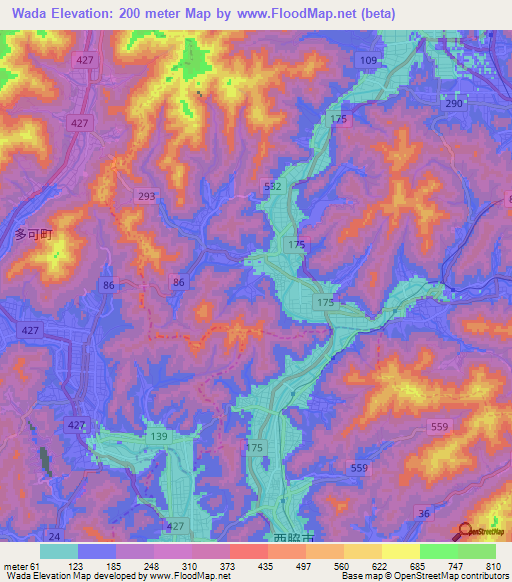 Wada,Japan Elevation Map
