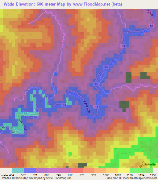 Wada,Japan Elevation Map