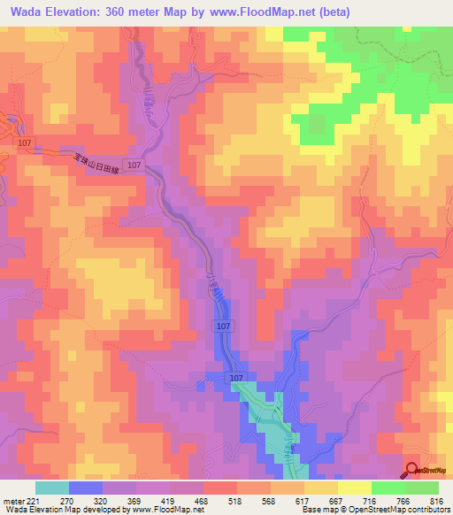 Wada,Japan Elevation Map