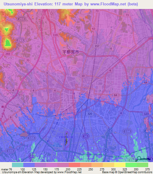 Utsunomiya-shi,Japan Elevation Map