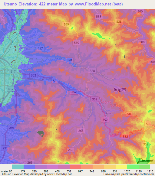 Utsuno,Japan Elevation Map